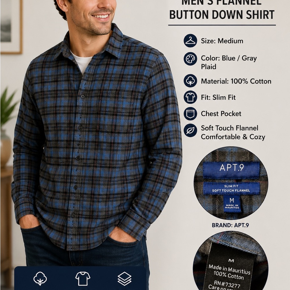 APT.9 Men’s Medium Blue Gray Plaid Flannel Shirt